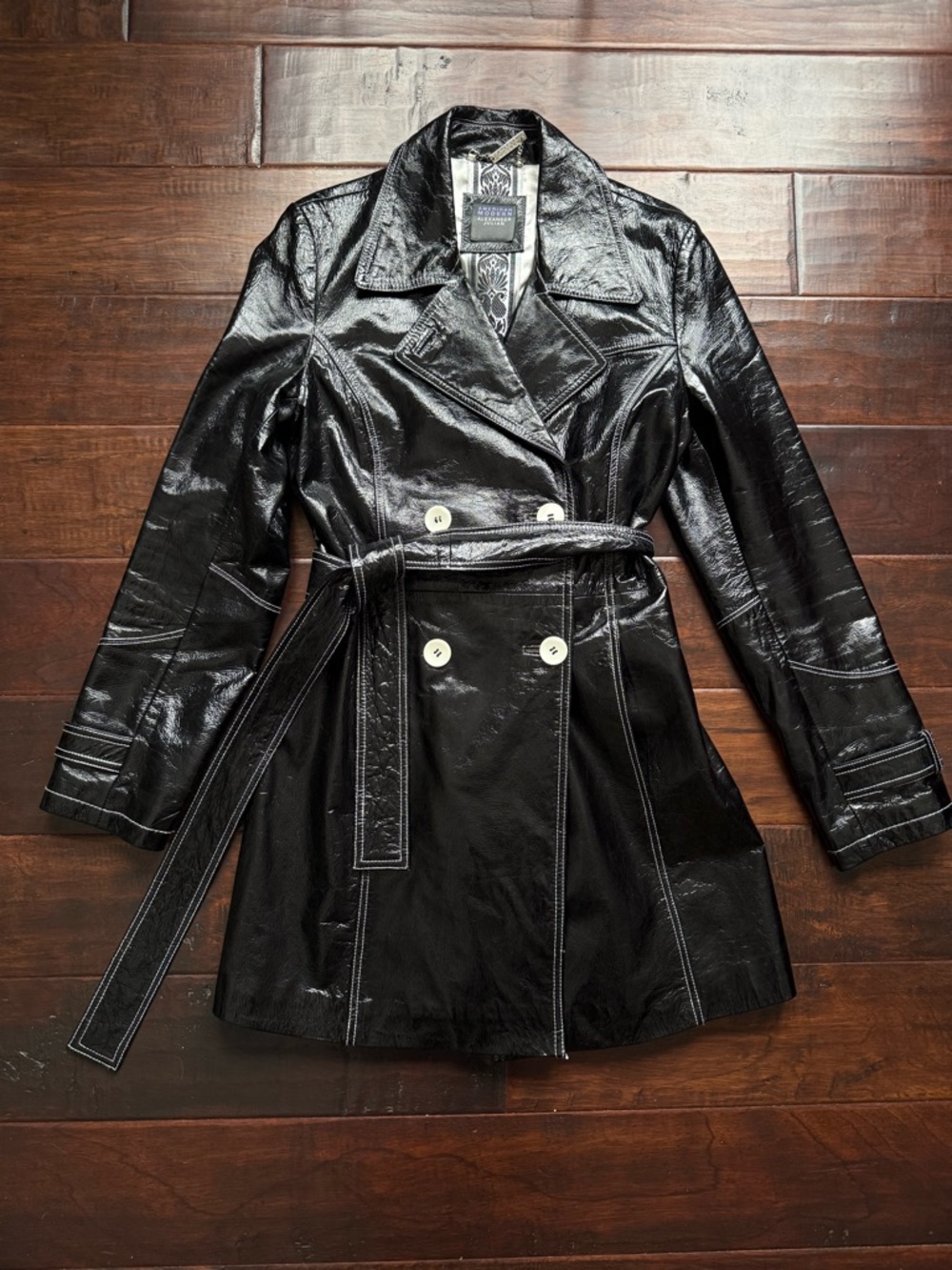Y2K Black Patent Leather 60s Mod Style Trench Coat